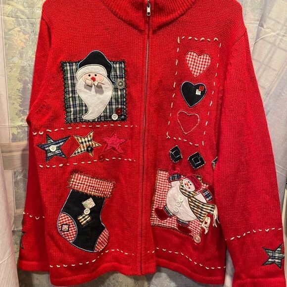 Basic Editions Christmas Patchwork Santa Snowman Knit Zip Up Sweater Large - Picture 12 of 14